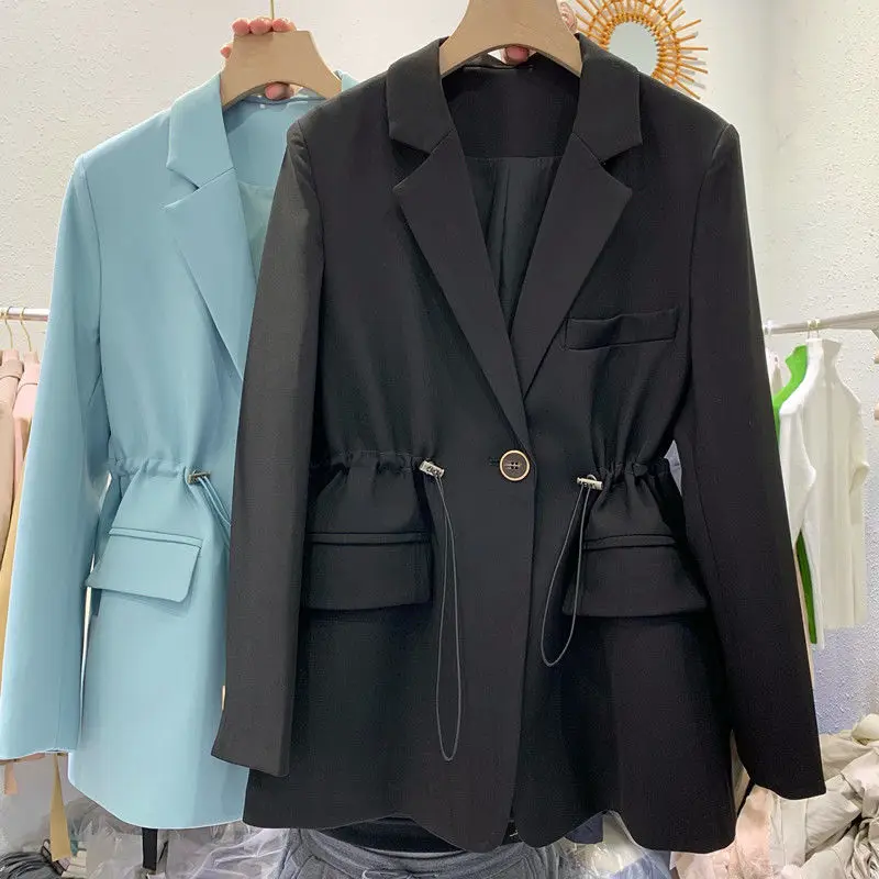 

Office Ladies Notched Collar Candy Color Women Blazer Draw String Waist Autumn Jacket 2020 Casual Pockets Female Suits Coat