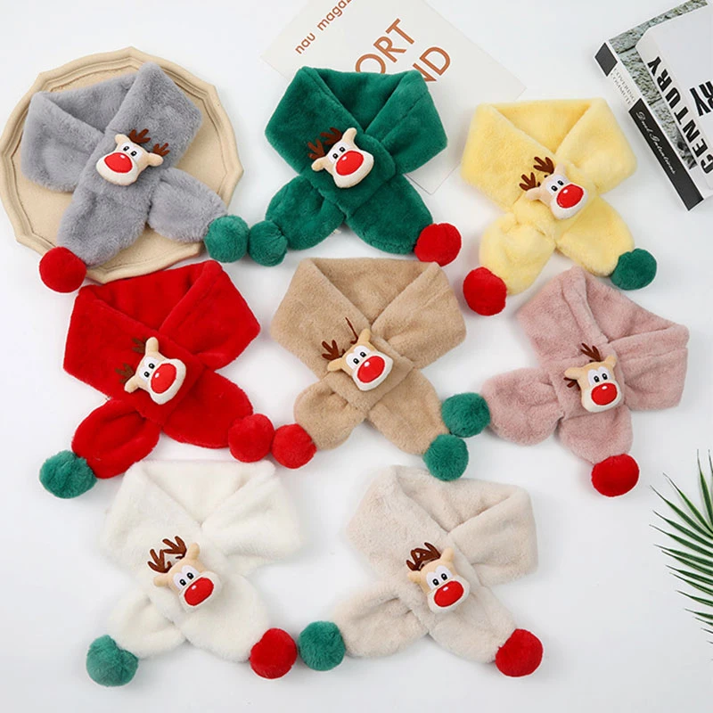 

Детский шарф в рождественском стиле из искусственного кроличьего меха, приятный на ощупь шарф с перекрещивающимся красным носом оленем, то...