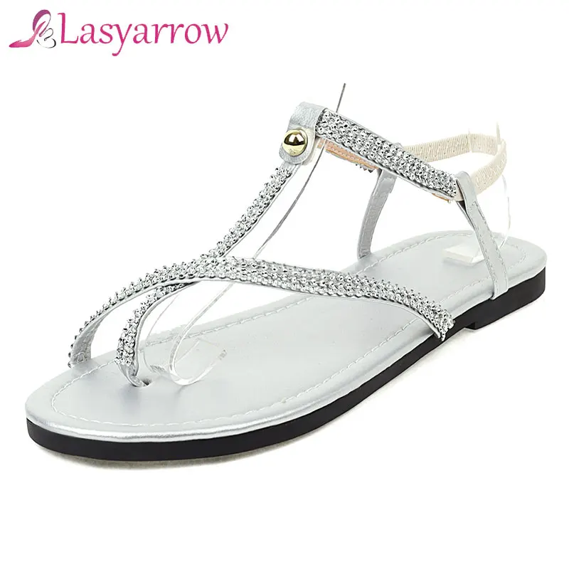 

Lasyarrow 2021 женские босоножки из искусственной кожи с украшениями в виде кристаллов; Летние туфли на плоской подошве, на каблуке; Повседневная ...