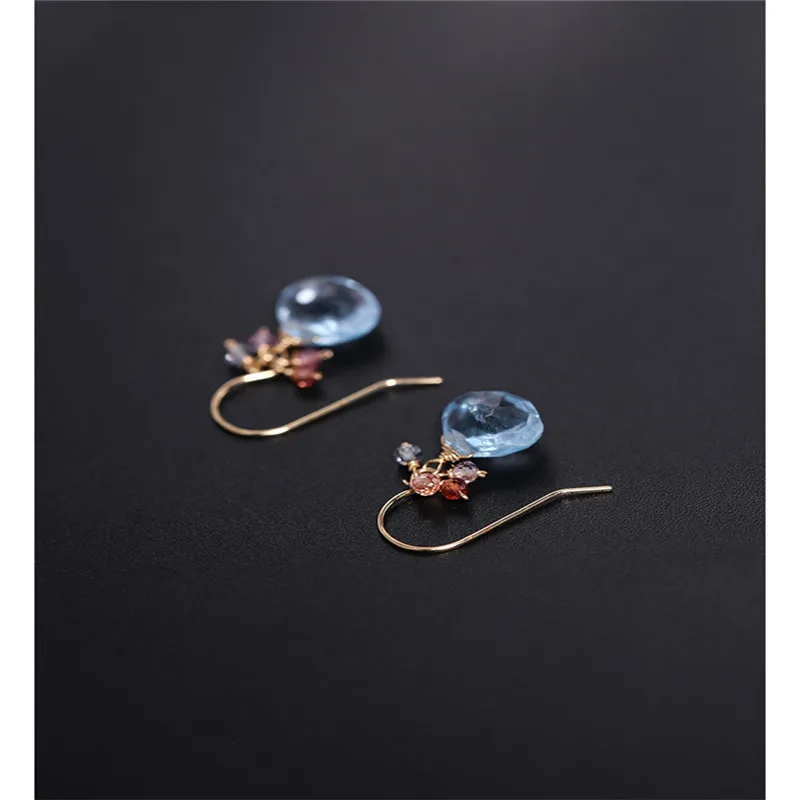 

DAIMI Sky Blue Topaz Earrings gemstones Female Genuine 18K Gold DIY Caibao Earrings Gift
