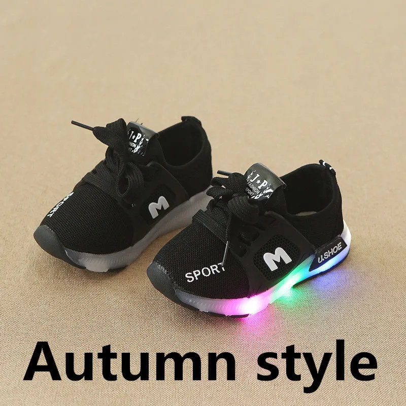 Autumn style Летняя детская повседневная обувь; Светодиодный свет; дышащие детские кроссовки; светящаяся модная обувь для мальчиков и девочек; нескользящая Мягкая обувь для бега - Цвет: Autumn style