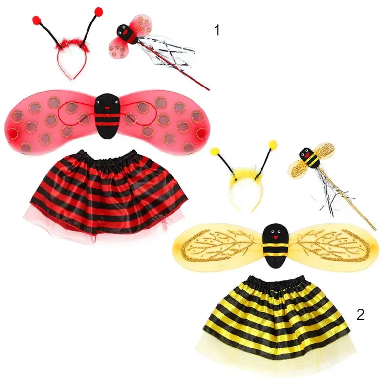 

4PCS/SET Girls Role Play Ladybird Bee Costumes Fairy Glitter Cute Wing with Striped Tutu Skirt Wand Headband Party Cosplay