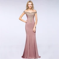 sale pink long evening dresses mermaid elegant sleeveless formal party gown lace applique off the shoulder robe de soiree 2021