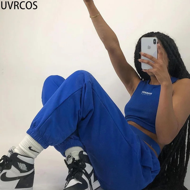 

UVRCOS Womens Clothes New Arrival 2021 Summer Two Piece Set Letter Printing Short Crop Top+Side Hollow Out Pants Vogue Tracksuit