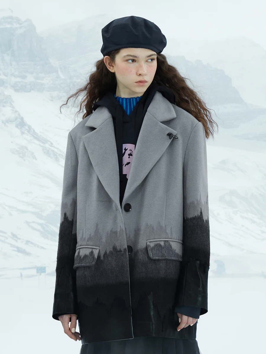 

IRINACH310 Fall Winter 2020 Collection Original Design Women PU Leather Patchwork Gradient Wool Blazer Coat