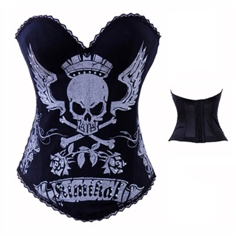 

Skeleton Skull Print Clothing Sexy Corset Bustier Tops Women Gothic Cotton Push Up Overbust Corsets Steampunk Burlesque Corselet