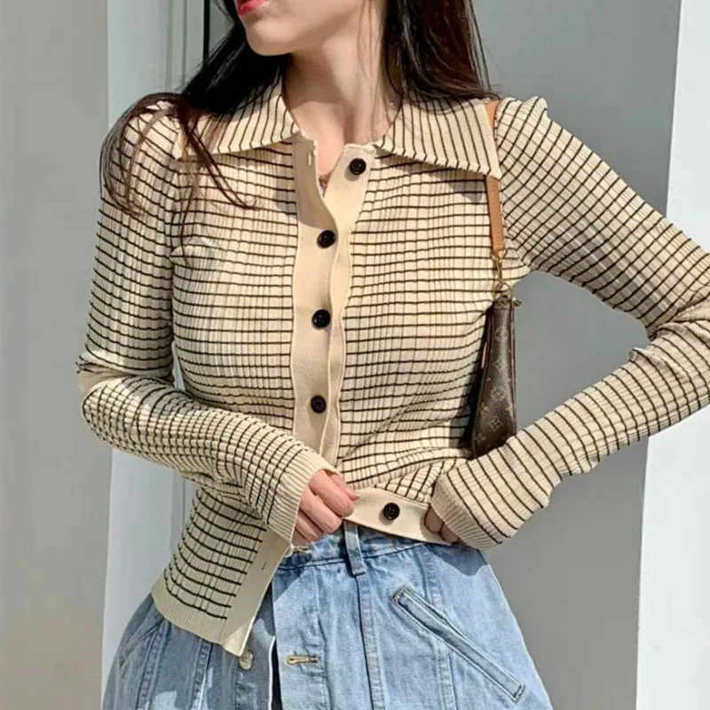 

Женский свитер XUXI с открытым стежком, Корейская облегающая тянущаяся полосатая вязаная тонкая рубашка, однобортная Весенняя 2021 E2366