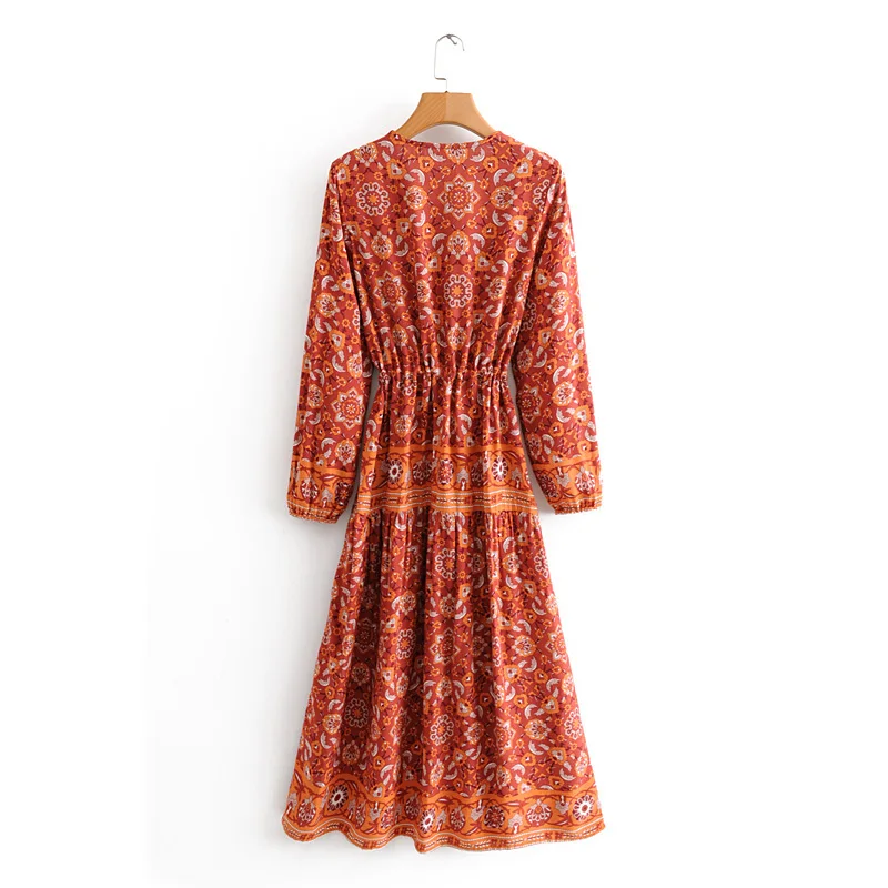 

Women dress casual spring flower print V-neck long-sleeved pleated dress Vestidos