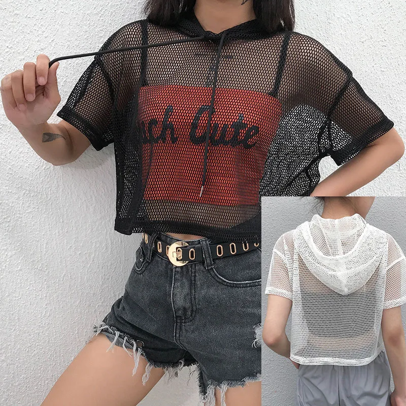 Womens Summer Sexy See Through Mesh Long Sleeve T-Shirt Crochet Hollow Out Fishnet Bikini Cover Up Pullover Loose Crew Neckline | Женская