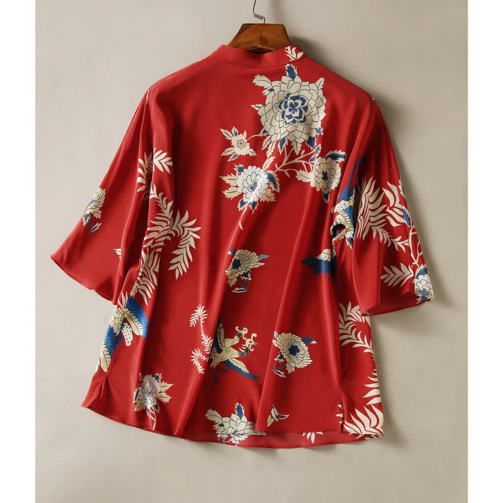 Red Vintage Blouse Women 2020 Chinese Style Loose Print Flower Ladies Tops Hand Button Mandarin Collar Blouses Shirt Haut Femme