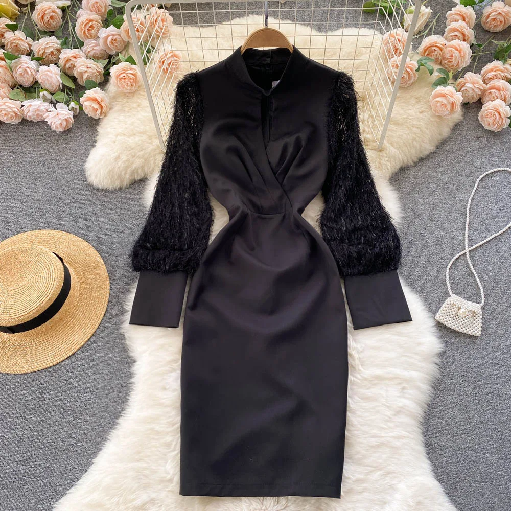 

Женское облегающее платье с длинным рукавом, черное ажурное Повседневное платье составного кроя с воротником-стойкой и кисточками, Осень-з...