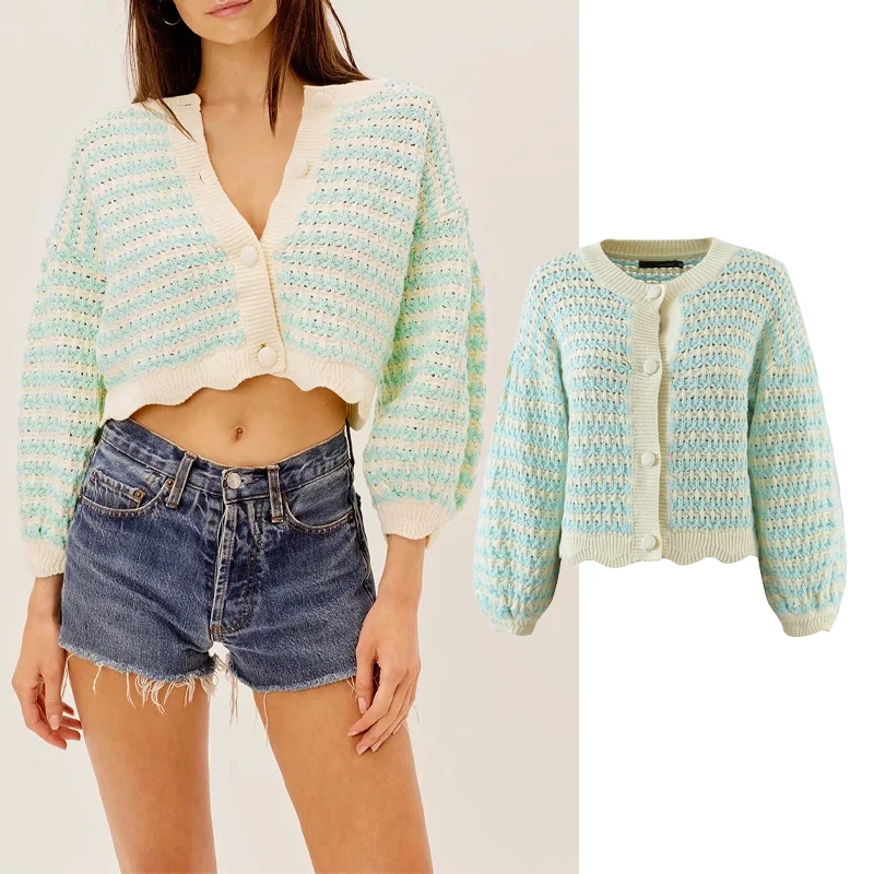 

PPYQYKX Za jacket 2021 women autumn round neck hollow striped knitted jacket retro casual women fashion women striped coat
