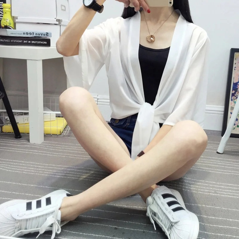 

Chiffon Kimono Cardigan Casual Half Sleeve Loose Black Women Blouses Shirts Plus Size Summer Women Tops Outerwear