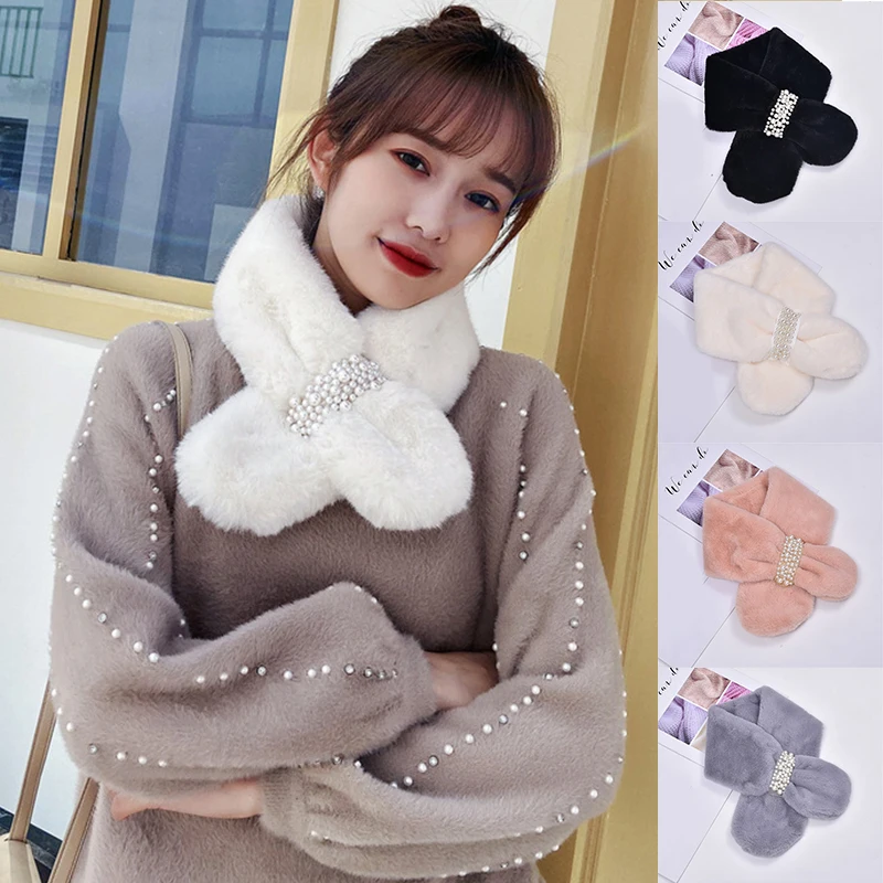 

80*10cm Faux Fur Scarf Women Winter Scarf Thick Warm Neck Scarf Soft Designer Pearl Scarves Long Skinny Scarf Girl Accessories