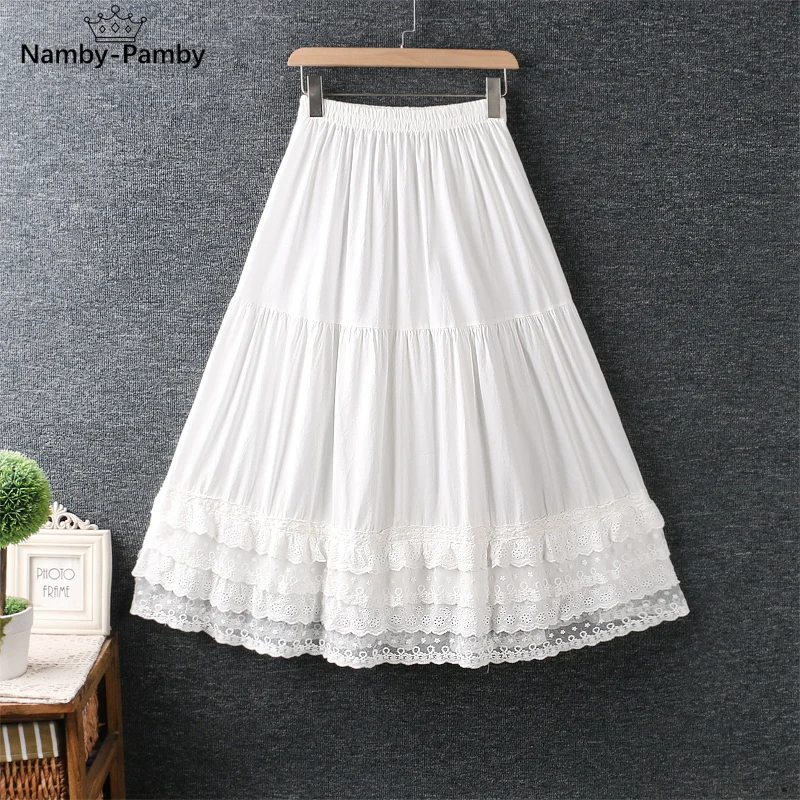 

Summer new small fresh elastic waist lace stitching solid embroidery cotton skirt casual wear 3968
