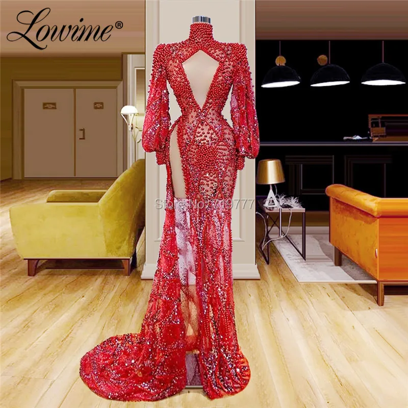 Burgundy Mermaid Evening Dress Beaded Crystals Robe De Soiree Aibye Saudi Arabia Dubai Full Sleeves Cut-out Design Party Dresses