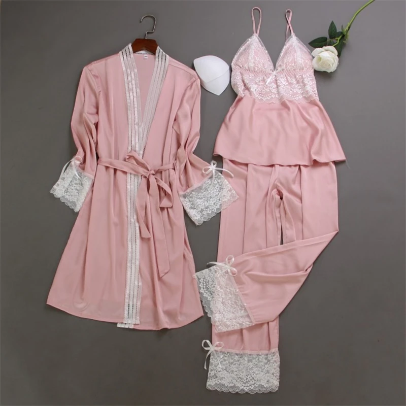 

Women Pajamas Sets Satin Sleepwear 3 Pieces Nightwear Pyjama Spaghetti Strap Black Lace Sleep Lounge Pijama With Chest Pads