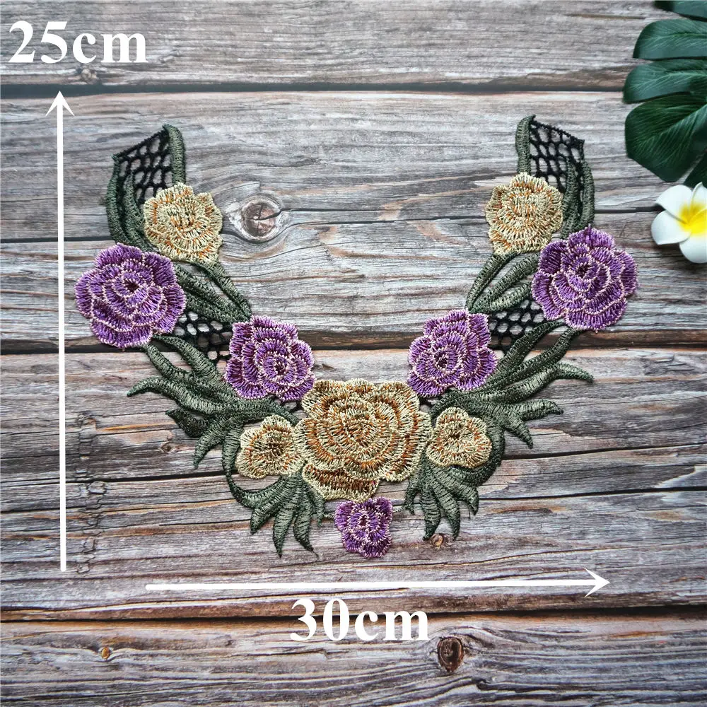 Фиолетовый вышитый цветочный воротник искусственная кружевная ткань нашивки