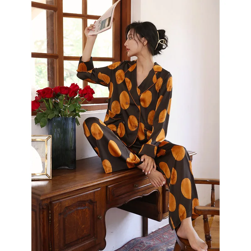 Silk Pajamas Fashion Wave Point Suit Long Sleeve Lapel Ice Silk Home Clothes Two-piece Set Loungewear Autumn Clothes Women