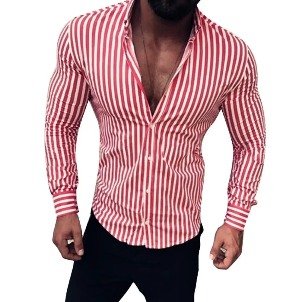 

Модные мужские рубашки для мальчиков с отложным воротником, длинными рукавами и вертикальные полосы Тонкий кнопки рубашка мужская одежда р...