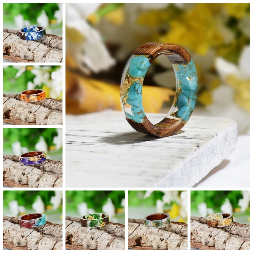 

2020 Hot Sale Handmade Wood Resin Ring Dried Flowers Plants Inside Jewelry Resin Ring Transparent Anniversary Ring for Women