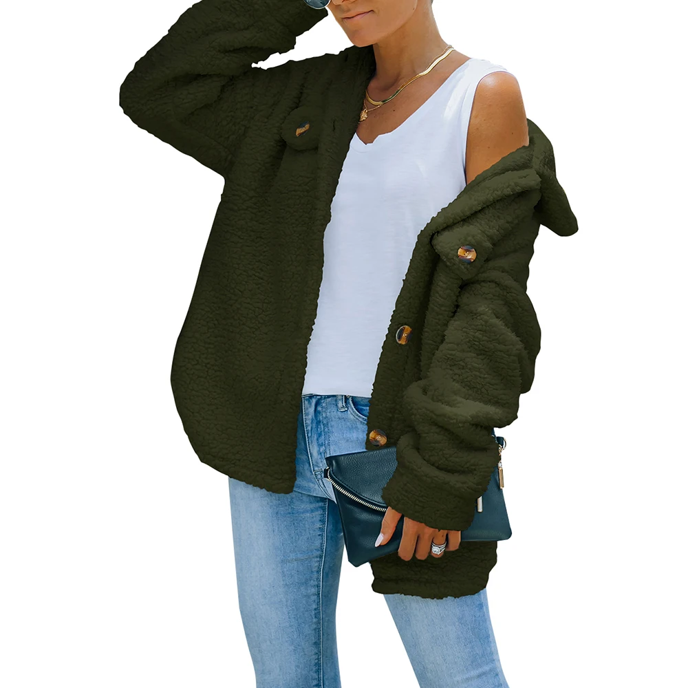 

Женский однобортный Кардиган с пряжкой, повседневный фланелевый однотонный Кардиган с длинным рукавом и отложным воротником, зимний теплы...