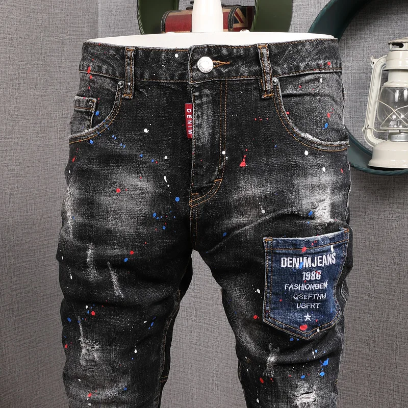 Autumn Men's Dots Printed Black Ripped Jeans Streetwear Casual Slim Fit Pencil Pants Cotton Denim Trousers