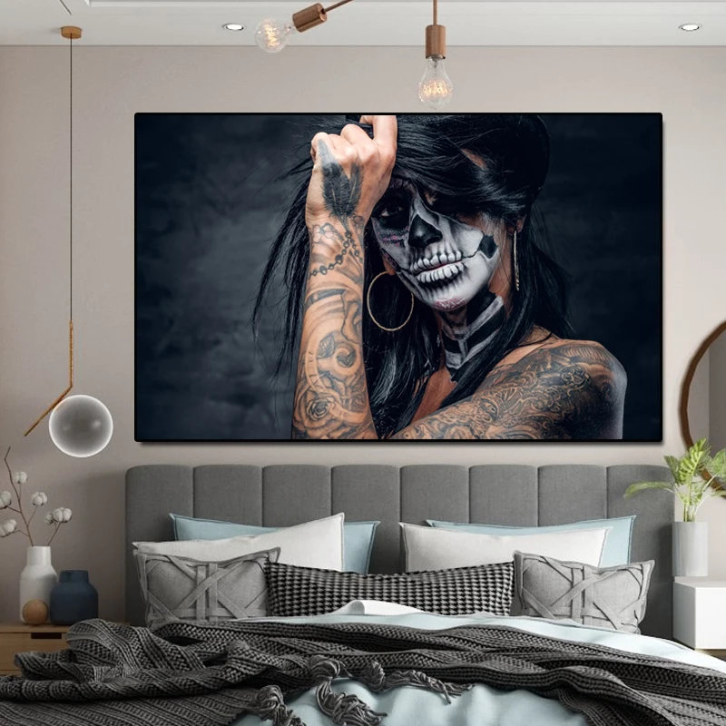 

Canvas painting wall art Posters black Skull tattoo girl Modern A painting for the wall canvases Cuadros Hoom Decor Decoration