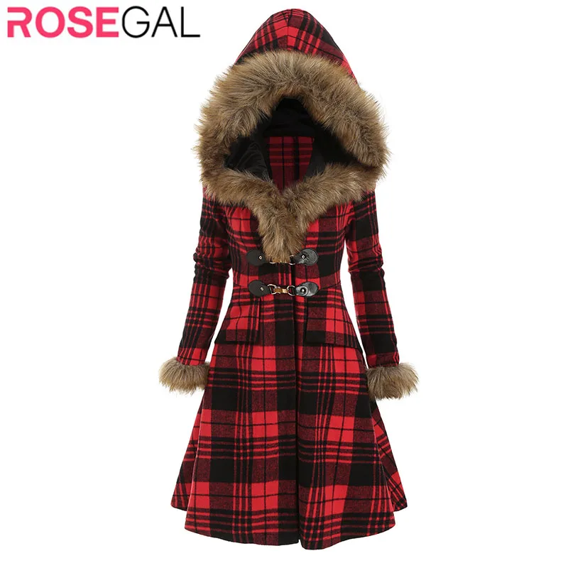 ROSEGAL женское клетчатое пальто с капюшоном шапка из искусственного меха длинные