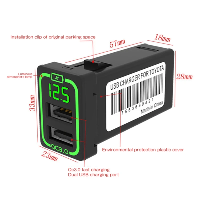 

Dual USB QC3.0 Adapter Quick Car Charger Double USB Phone Fast Charger with LED Display for Toyota