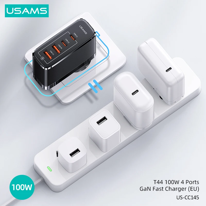 USAMS T44 100 Вт 4 порта GaN Быстрая зарядка USB A C адаптер питания зарядное устройство для