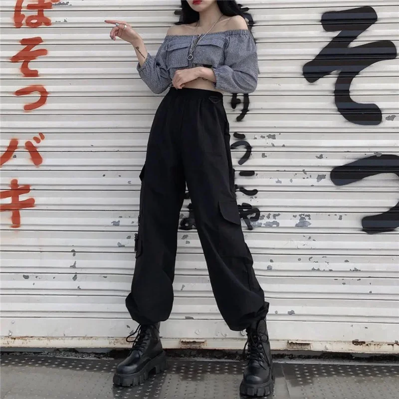 

Black Hip Hop Cargo Pants Women Straight Punk Solid Trousers Loose Female Baggy Fashion Summer Harajuku High Street Pants Girl