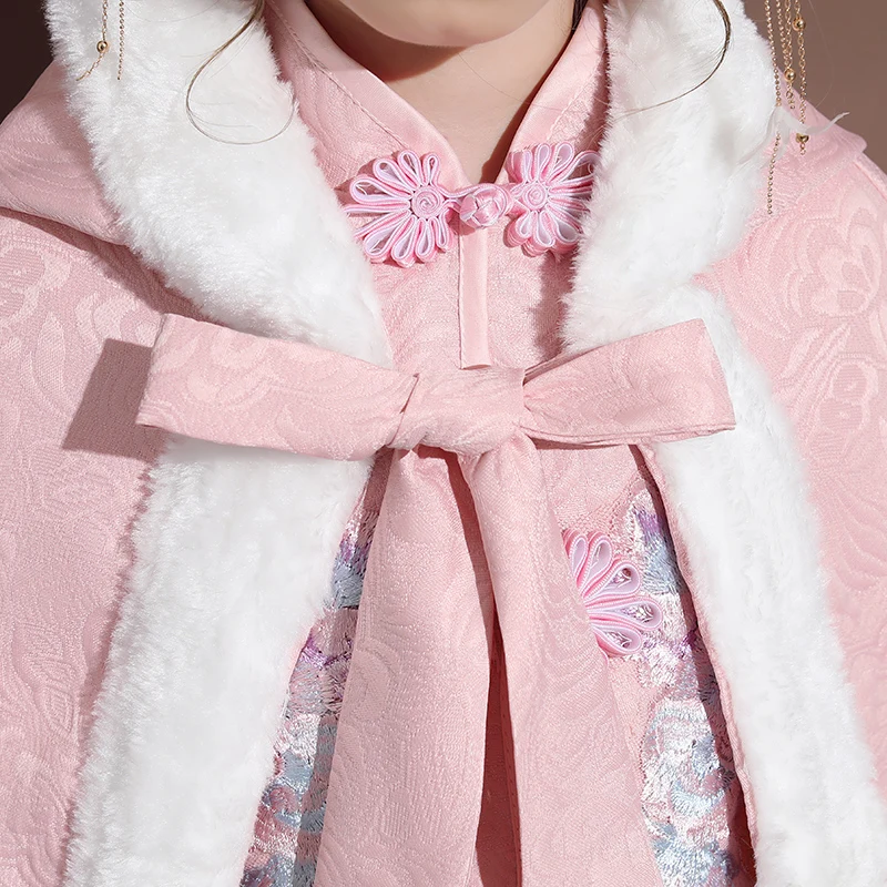 Розовая накидка Hanfu для девочек зимняя новая Длинная с вышивкой китайская