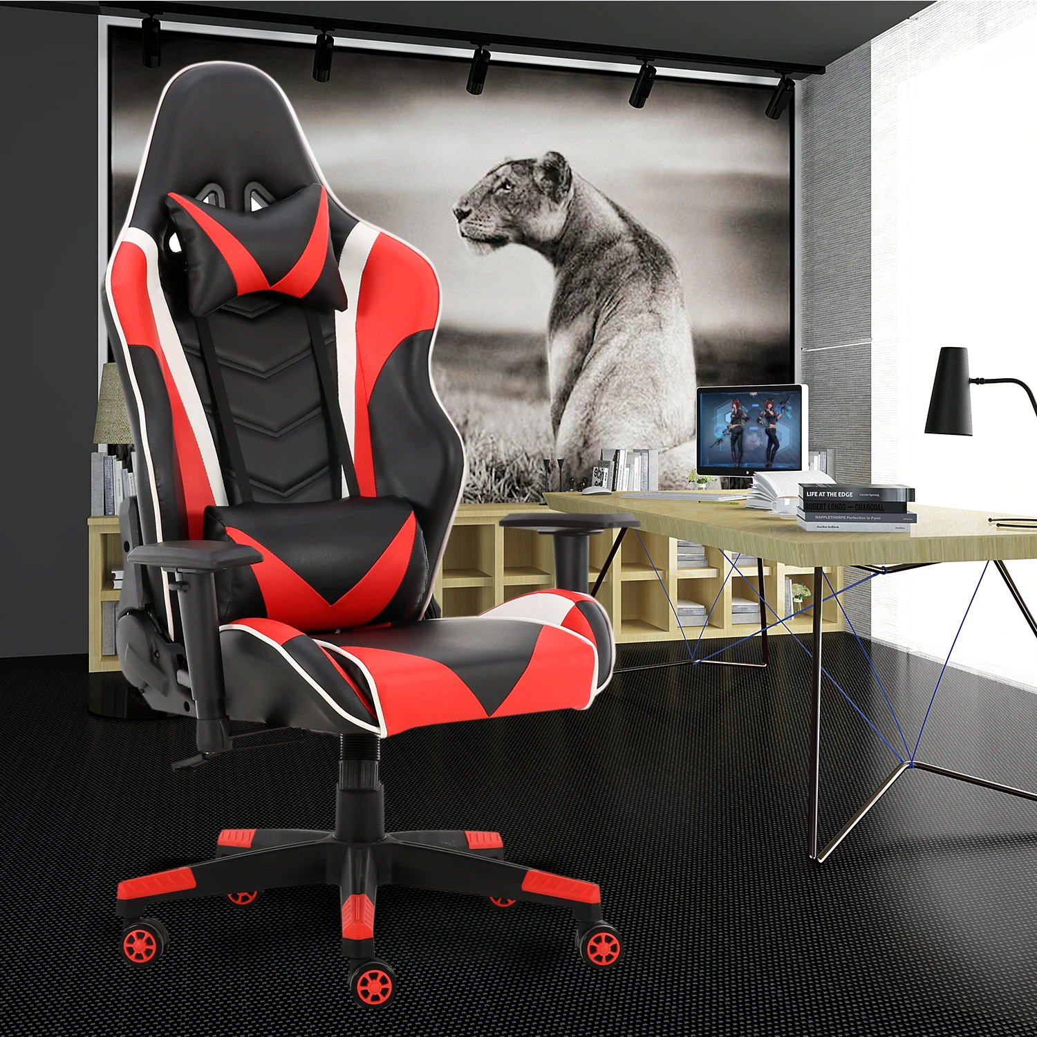 

Computer Desk Chair Gaming Chairs Office Swivel Chairs with headrest and Lumbar Pillow Red US Warehouse