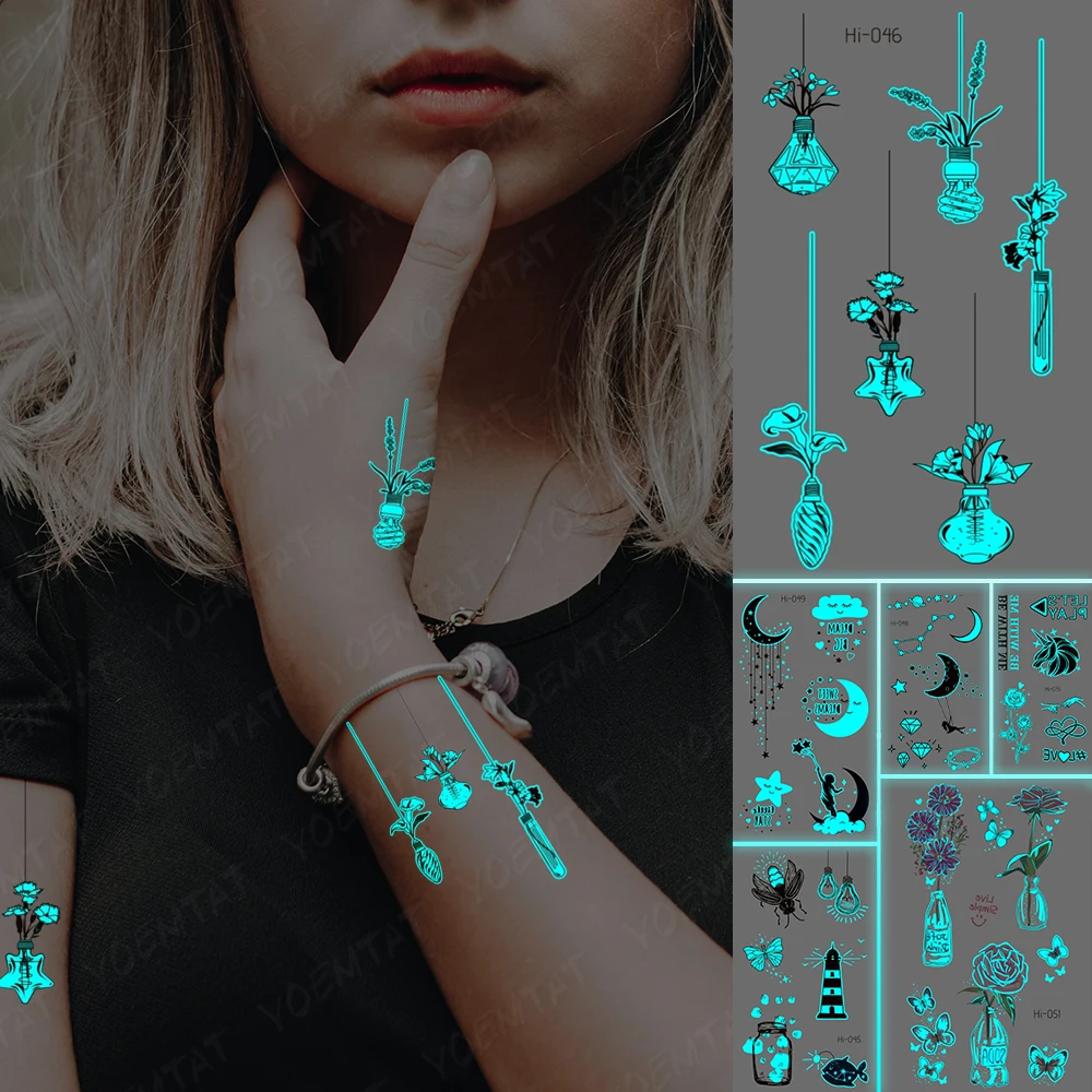 

Finger Glowing Tattoos Flower Lavender Rose Transferable Waterproof Temporary Tattoo Stickers Body Art Men Women Luminous Tatto