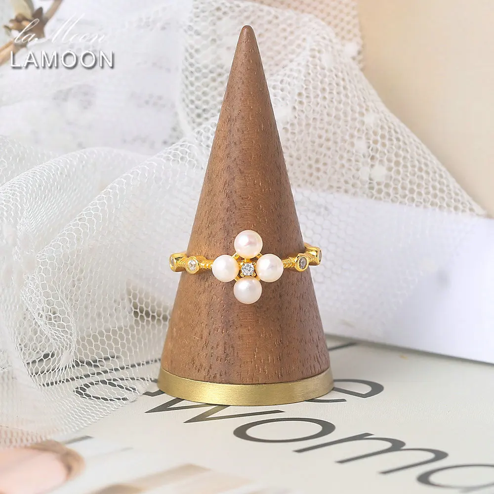 LAMOON-Anillo de perlas de agua dulce para mujer, Plata de Ley 925 chapada en oro de 14K, joyería fina, anillos femeninos Vingate S925 RI112