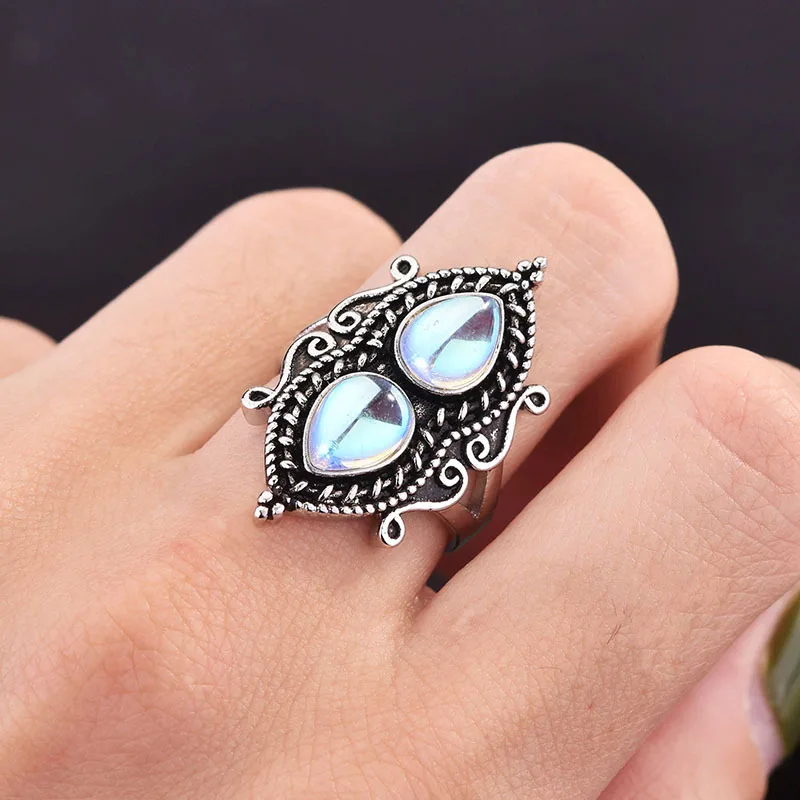 

OMHXZJ Wholesale RR1185 European Fashion Woman Girl Party Birthday Wedding Gift Water Drop Moonstone 925 Sterling Silver Ring