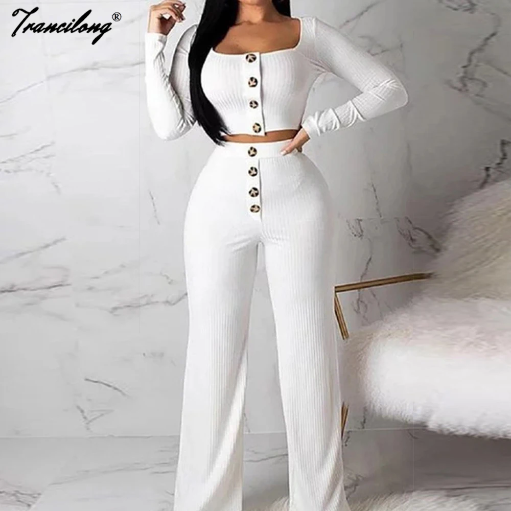 Long Sleeve Slim Button Casual Suit Square Collar Fall Slevee White 2 Piece Outfits Chandal Mujer Lounge Wear Set Clothing Femme