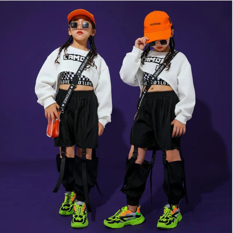 

Children Hip Hop Clothing White Sweatshirt Top Crop Shirt Casual Pants for Girl Dance Costume Ballroom Dancing Clothes Wear