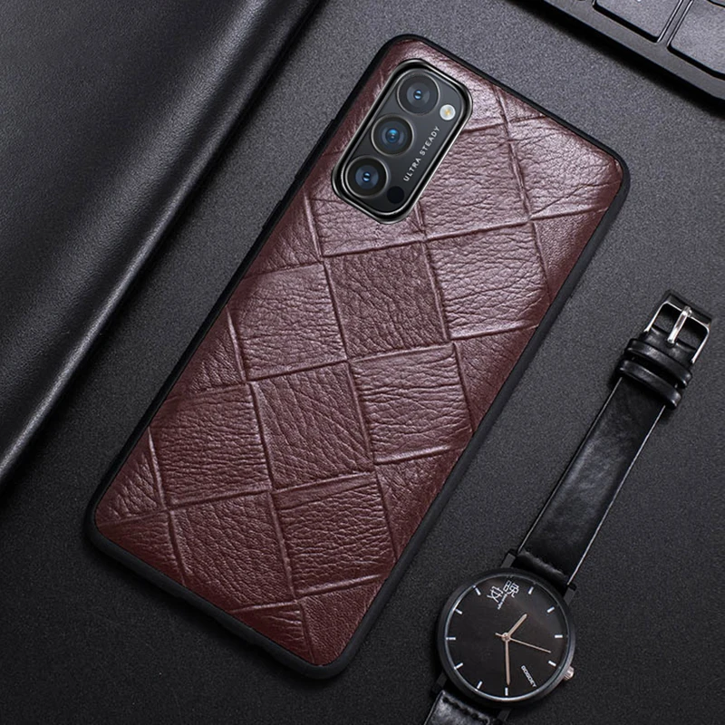 Genuine Leather Phone Case For OPPO Reno 7Pro 7 6Proplus  Find X5 Pro 5G Luxury Natural Cowhide Skin Rhombus Texture Back Cover