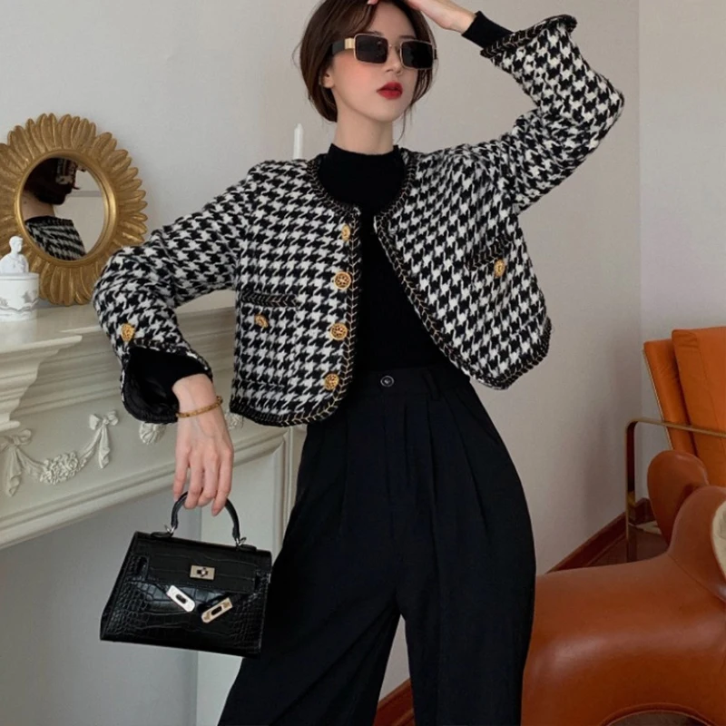 

Женское короткое пальто в клетку, Повседневная Свободная куртка в Корейском стиле «гусиные лапки», куртка в французском стиле ретро, Осень-...