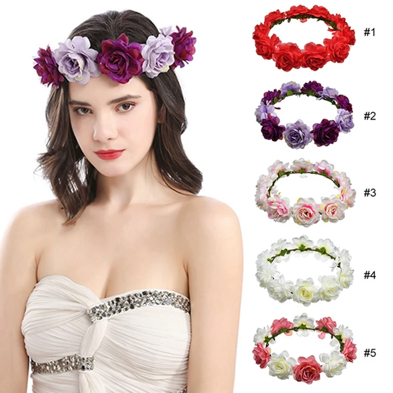 Венки цветов в стиле бохо на весну 2021 года: романтические венки на свадьбу с искусственными розами и гирлянды из цветов для пляжа в Гаваях.