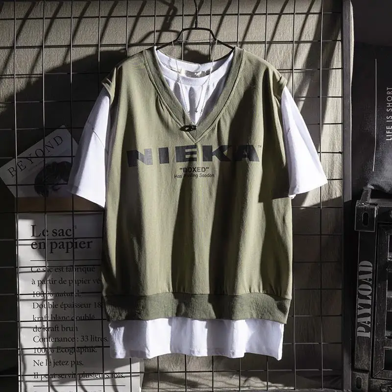 

Мужская футболка в европейском и американском стиле, в стиле хип-хоп, с коротким рукавом, Свободный Топ с имитацией двух частей, Студенческа...