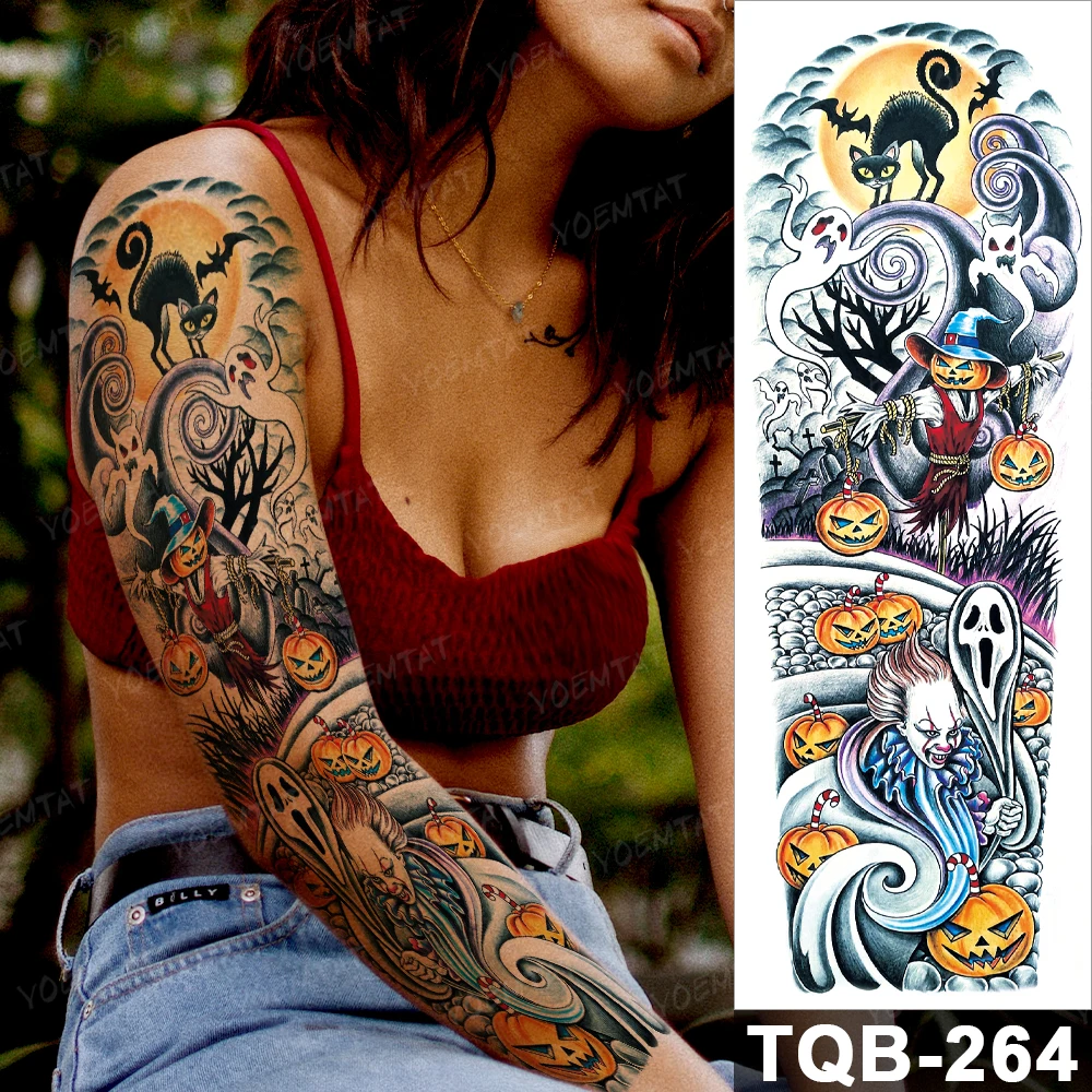 

Large Fake Sleeve Arm Transfer Waterproof Temporary Tattoo Stickers Black Cat Pumpkin Ghost Skull Flash Tatto Body Art Men Women