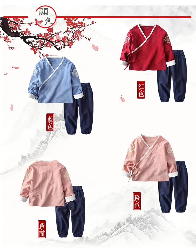Детский хлопковый льняной традиционный костюм Hanfu Wu Tang в китайском стиле детское кимоно-Униформа «кунг-фу», топы и штаны японская одежда, комплект