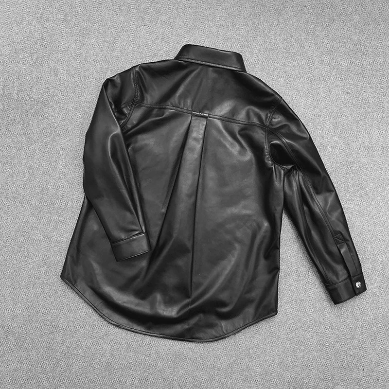 Autumn Spring Black Sheepskin Genuine Leather Shirts Jackets Womens Loose Overcoat Bomber Jacket Coats Office Ladies Outerwear