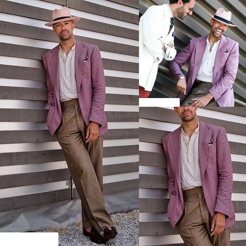 

Purple Men Coats Jackets Suits Linen Blend Tailored Summer Beach Wedding Groom Tuxedo Men Suits Handsome Best Man Blazers 1 PC