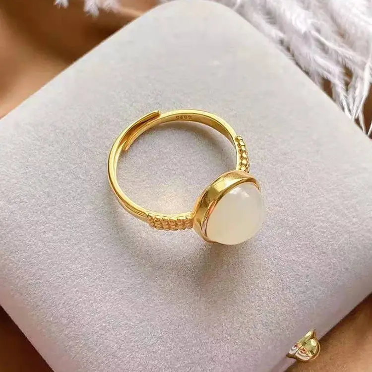 

Natural Hetian Jade S925 Sterling Silver White Jade round Ring Women's Exquisite Ring Simple Elegant Gilding Inlaid Ring