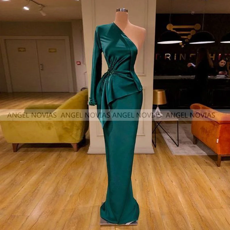 

ANGEL NOVIAS Long Teal Green Mermaid Satin Evening Dresses 2021 One Shoulder Women Formal Prom Gowns Vestidos De Fiesta