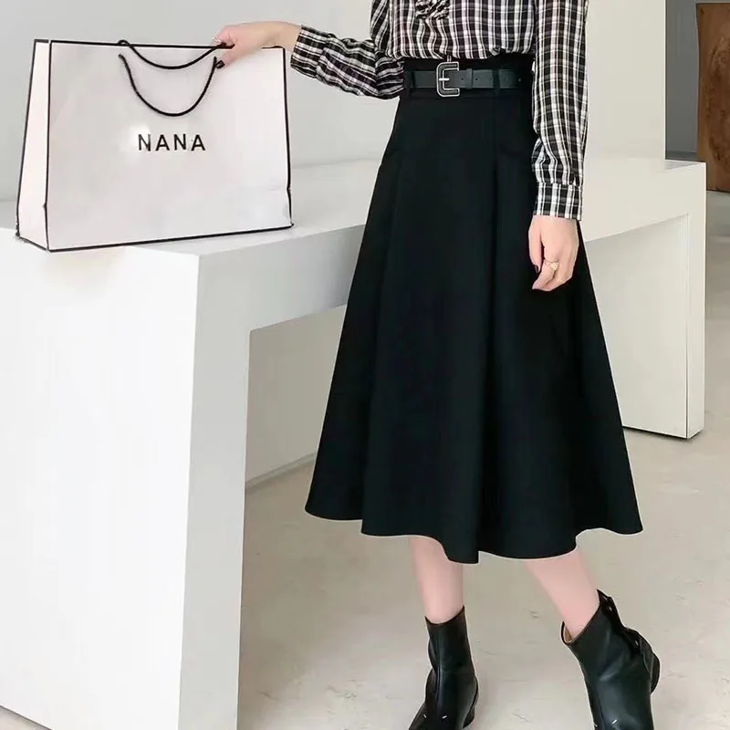 

Fashion Solid Women Mid-calf High Waist Korean Style Elegant Spring Autumn Jupe Female Ins Vintage Skirts A-LINE Casual